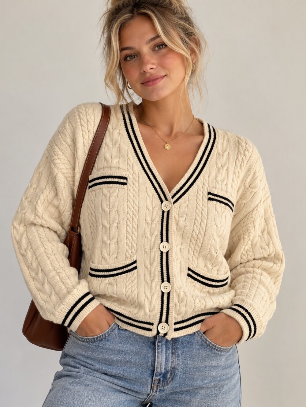 CIDER Cream Cable Knit Cardigan Black Stripe Trim Medium Preppy Old Money Coast